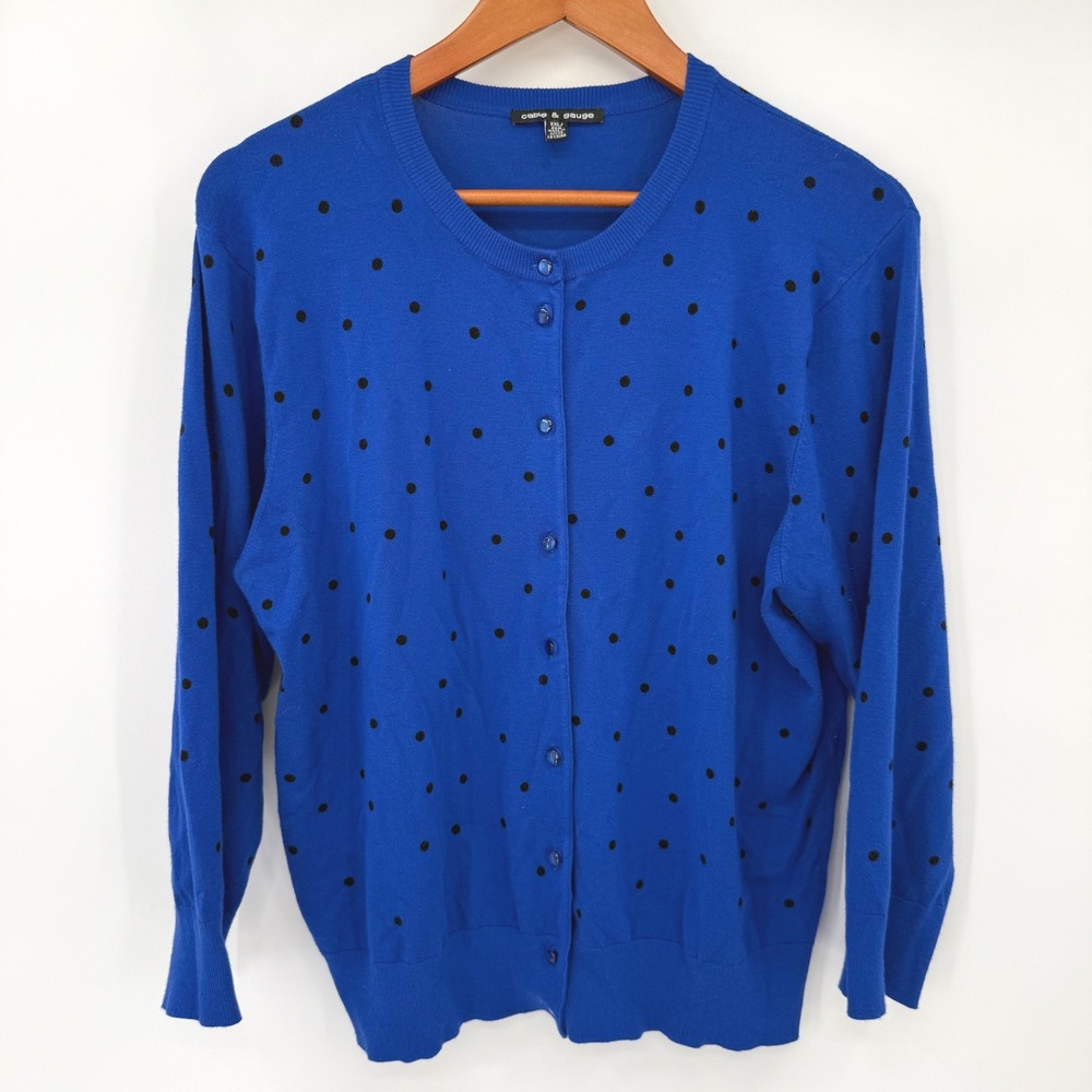 Cable & Gauge Cardigan Women XXL Blue Polka Dot Button Front Crew Long Sleeve